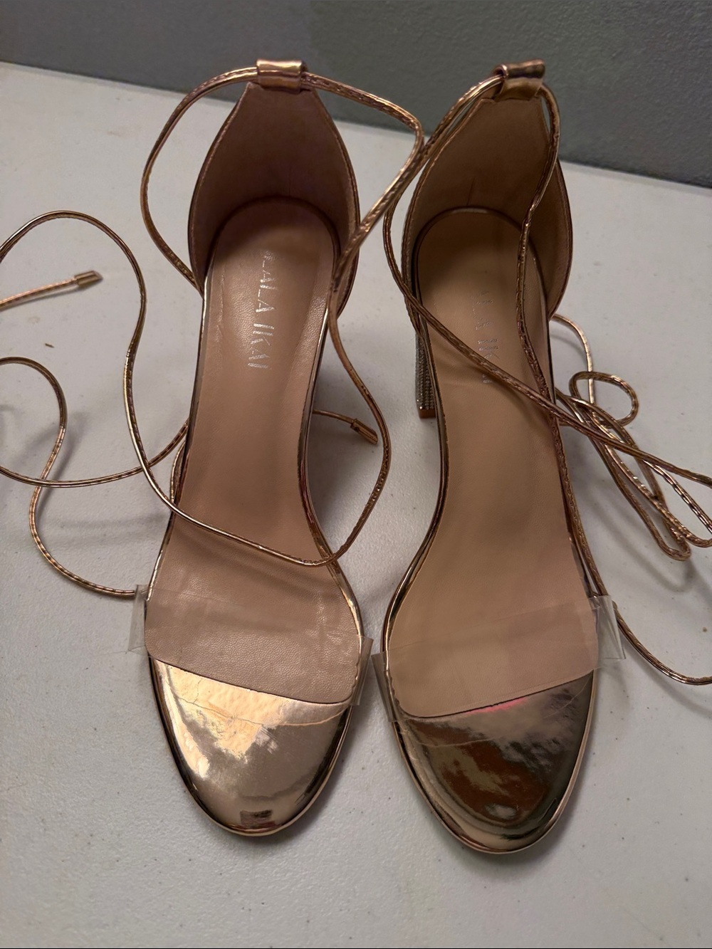 Laila Jayde Metallic Rose Gold Lace-Up Block Heel Sandals